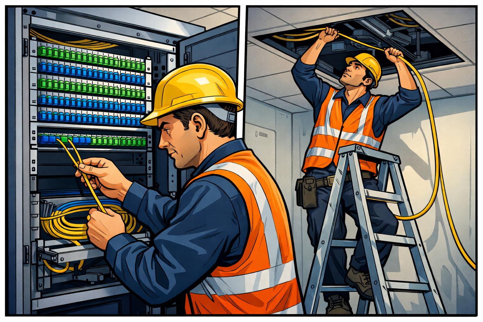 engineers installing fibe