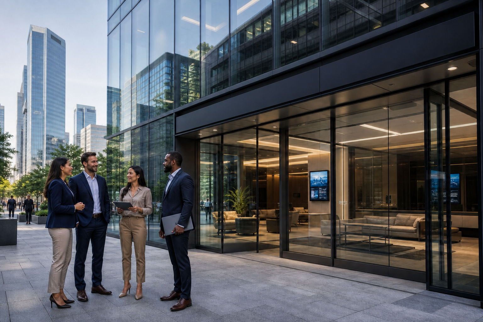 Team stood outside modern office building